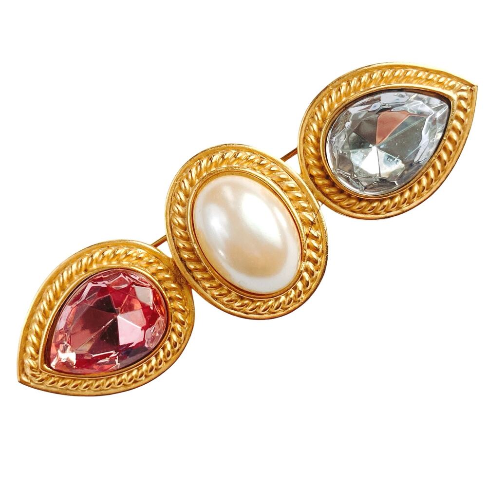 Vintage Signed TAT Gold Tone Brooch Faux Pearl Pink Gray Rhinestone 80s Jewelry